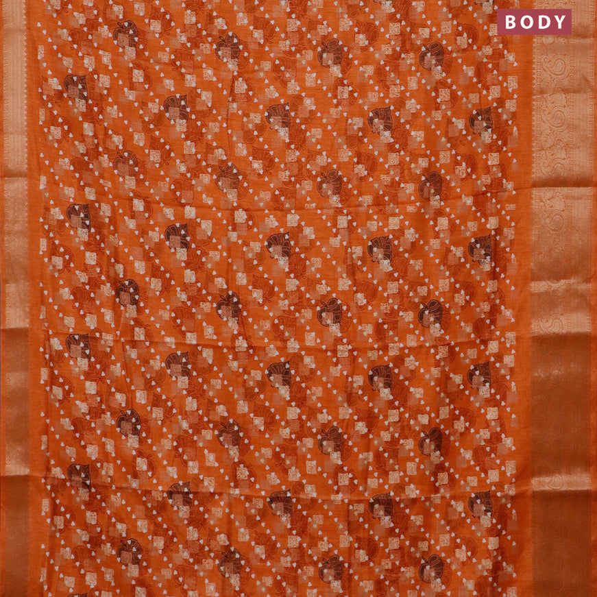 Semi dola saree orange with allover prints and zari woven border