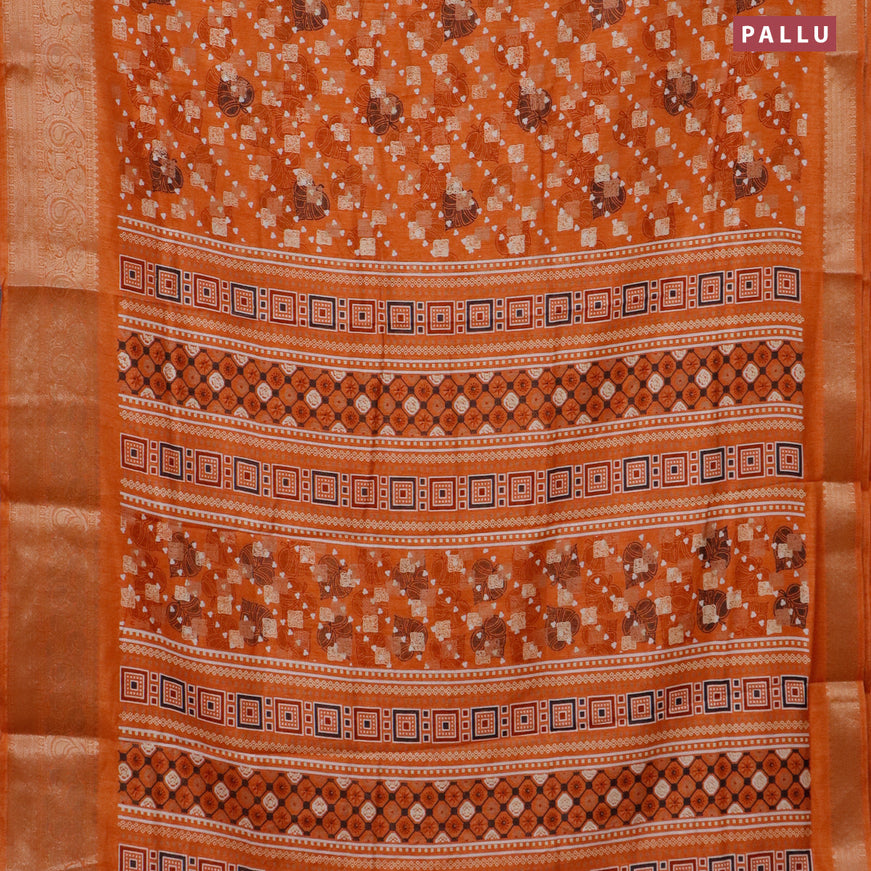 Semi dola saree orange with allover prints and zari woven border