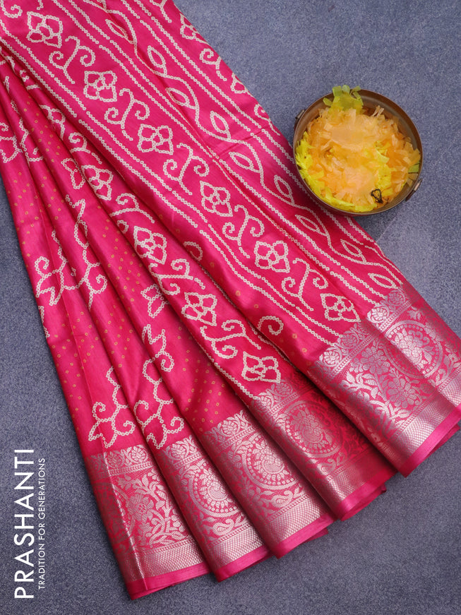 Semi dola saree pink with allover bandhani prints and zari woven border