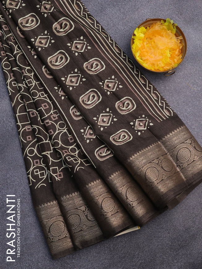 Semi dola saree deep coffee brown with allover geometric prints and zari woven border