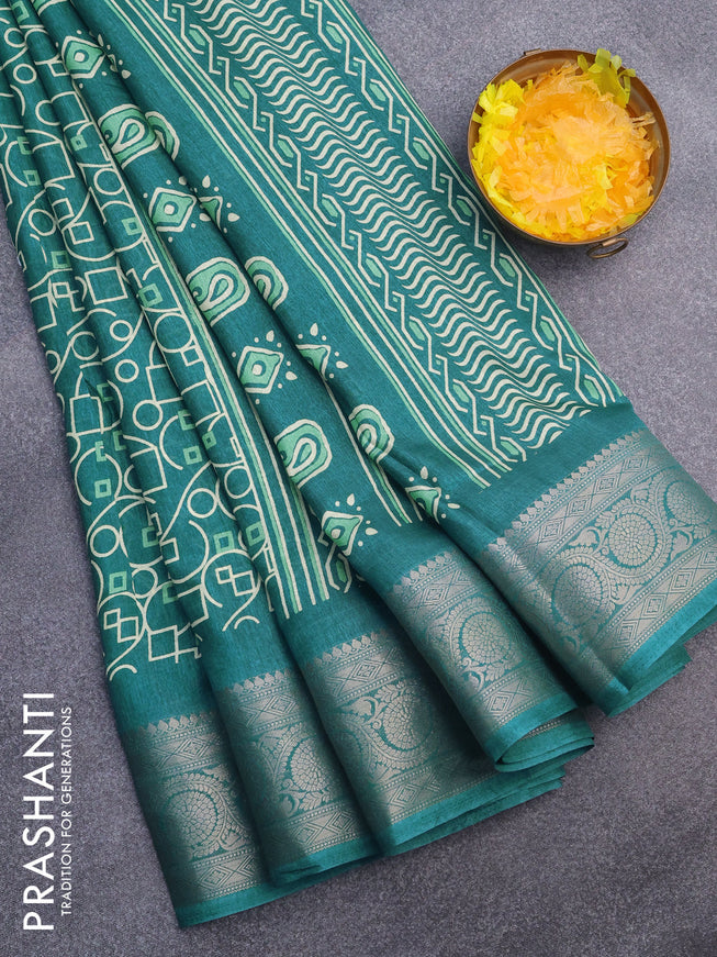 Semi dola saree teal blue with allover geometric prints and zari woven border