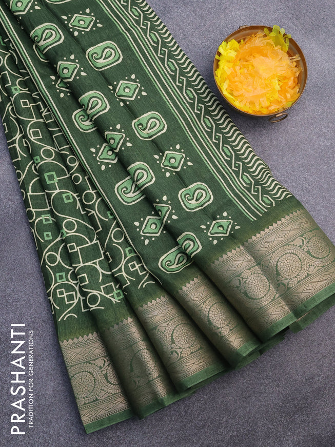 Semi dola saree green with allover geometric prints and zari woven border