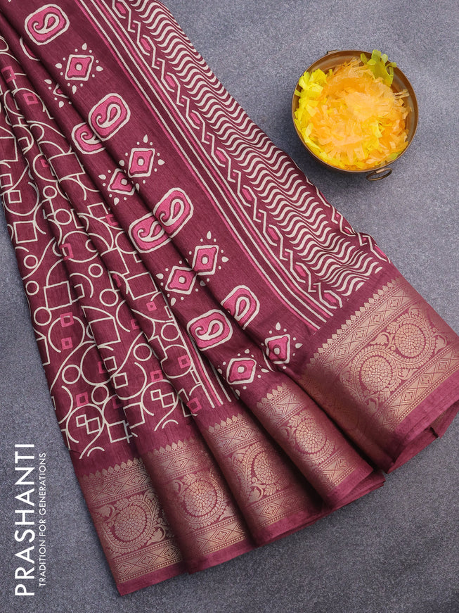 Semi dola saree maroon with allover geometric prints and zari woven border