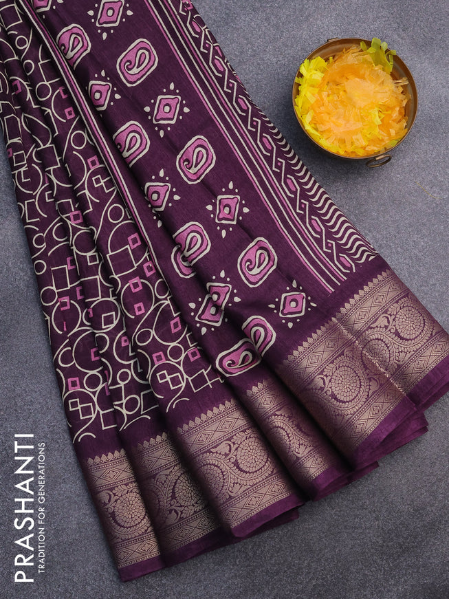 Semi dola saree deep purple with allover geometric prints and zari woven border