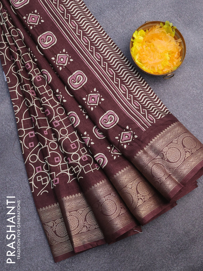 Semi dola saree brown with allover geometric prints and zari woven border