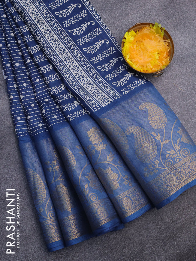 Semi dola saree peacock blue with allover prints and long rich zari woven border