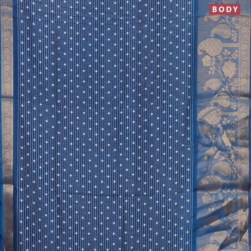 Semi dola saree peacock blue with allover prints and long rich zari woven border