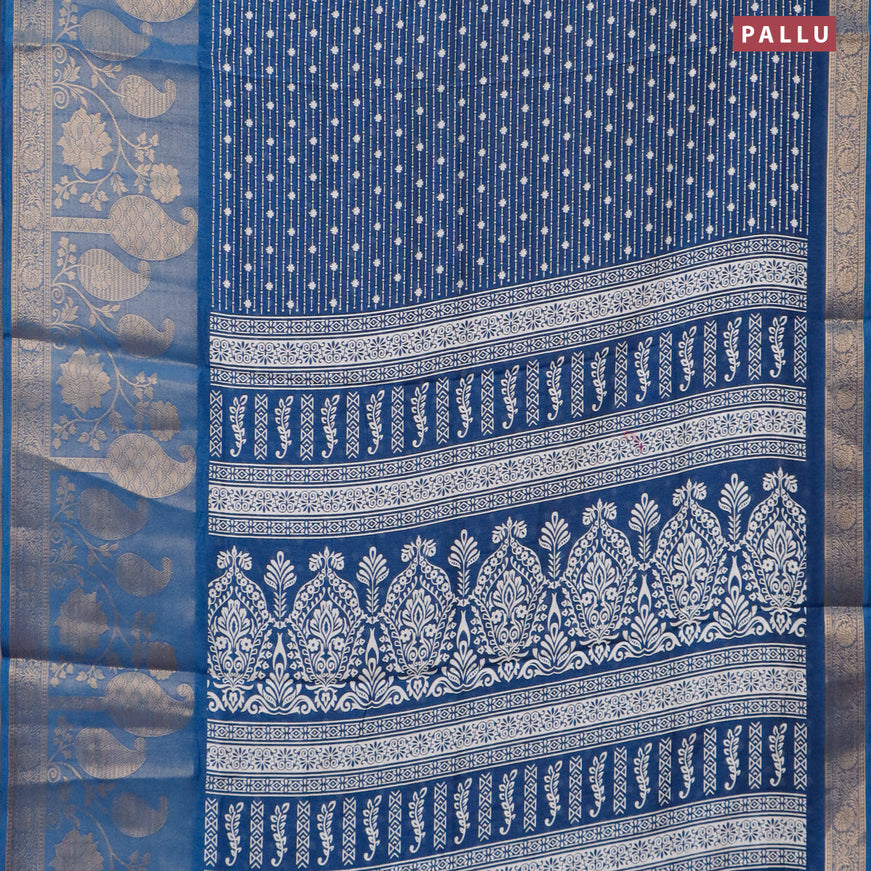 Semi dola saree peacock blue with allover prints and long rich zari woven border