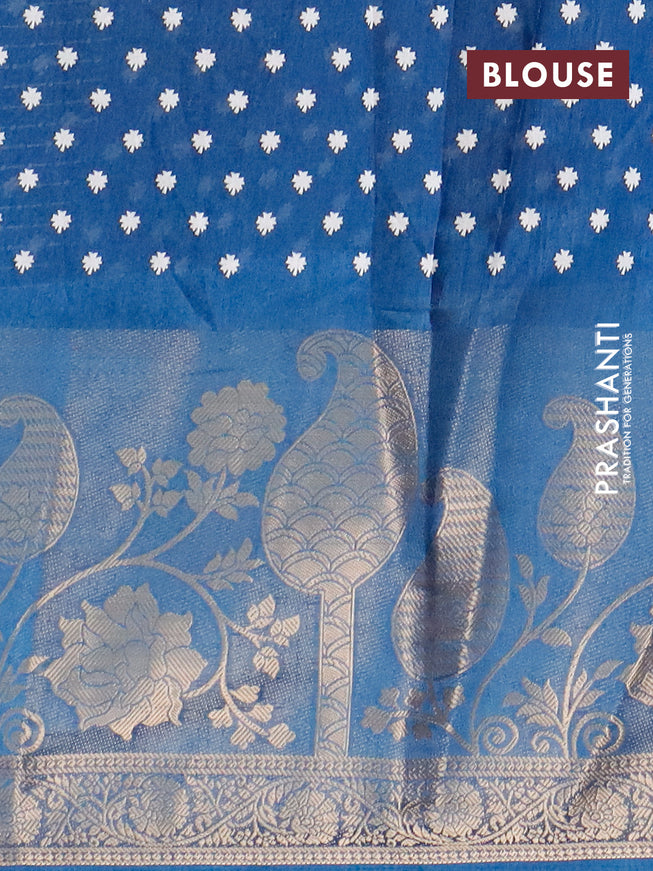 Semi dola saree peacock blue with allover prints and long rich zari woven border