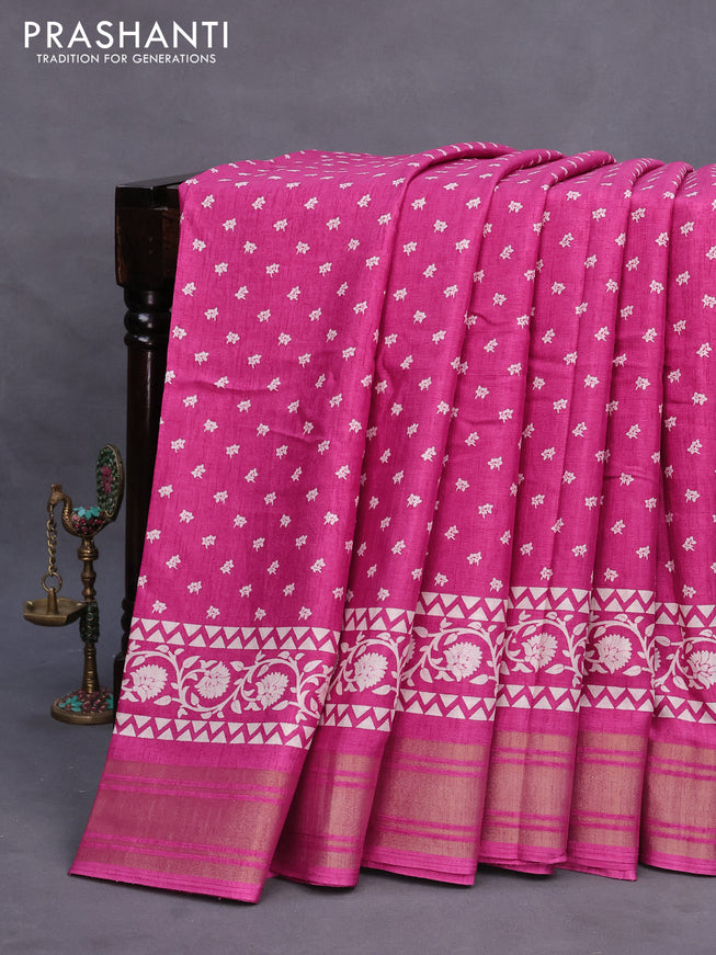 Semi matka tussar saree pink with allover floral butta prints and zari woven border