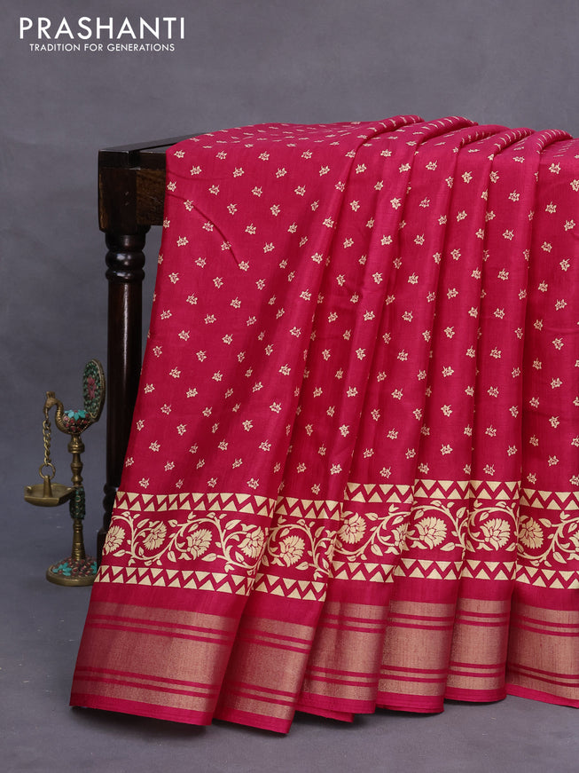 Semi matka tussar saree dark pink with allover floral butta prints and zari woven border