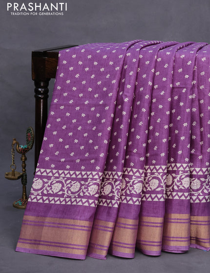 Semi matka tussar saree lavender shade with allover floral butta prints and zari woven border