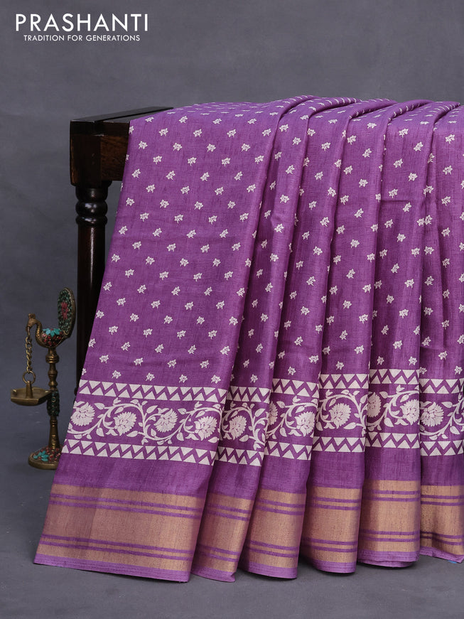 Semi matka tussar saree lavender shade with allover floral butta prints and zari woven border