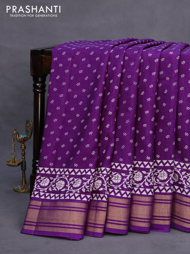 Semi matka tussar saree violet with allover floral butta prints and zari woven border