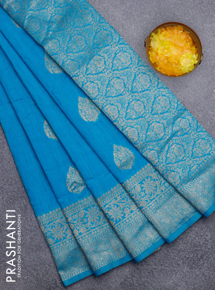 Banarasi semi matka silk saree cs blue with zari woven buttas and zari woven border