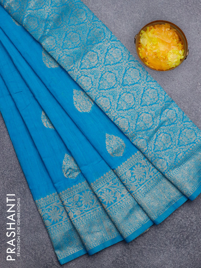 Banarasi semi matka silk saree cs blue with zari woven buttas and zari woven border