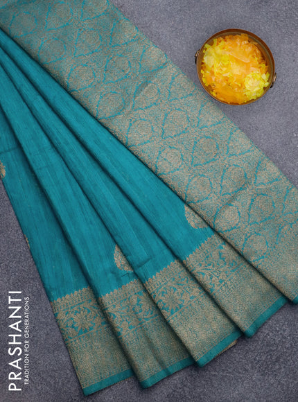 Banarasi semi matka silk saree teal green shade with zari woven buttas and zari woven border