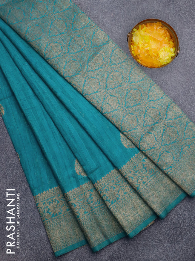 Banarasi semi matka silk saree teal green shade with zari woven buttas and zari woven border