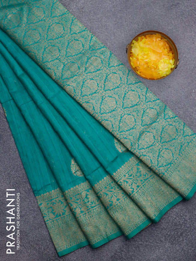 Banarasi semi matka silk saree teal green with zari woven buttas and zari woven border