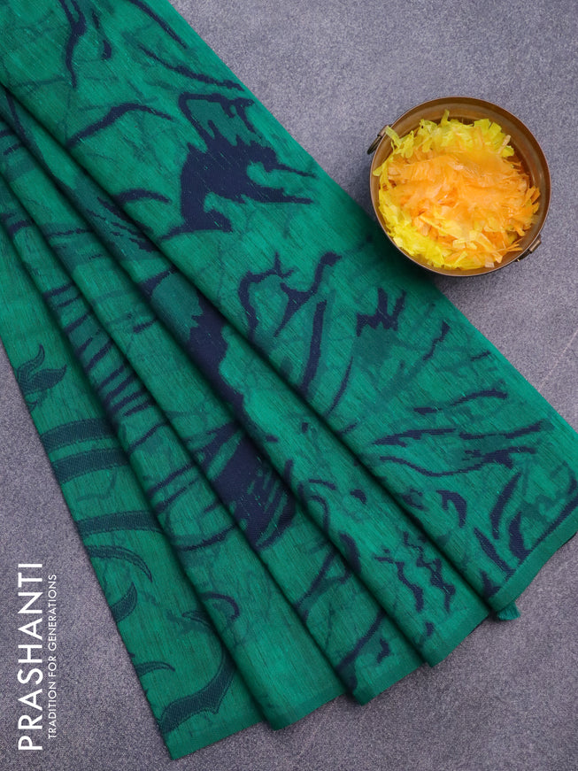 Banarasi semi matka silk saree green and blue with allover thread weaves in borderless style