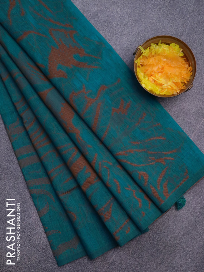 Banarasi semi matka silk saree cs blue and brown with allover thread weaves in borderless style