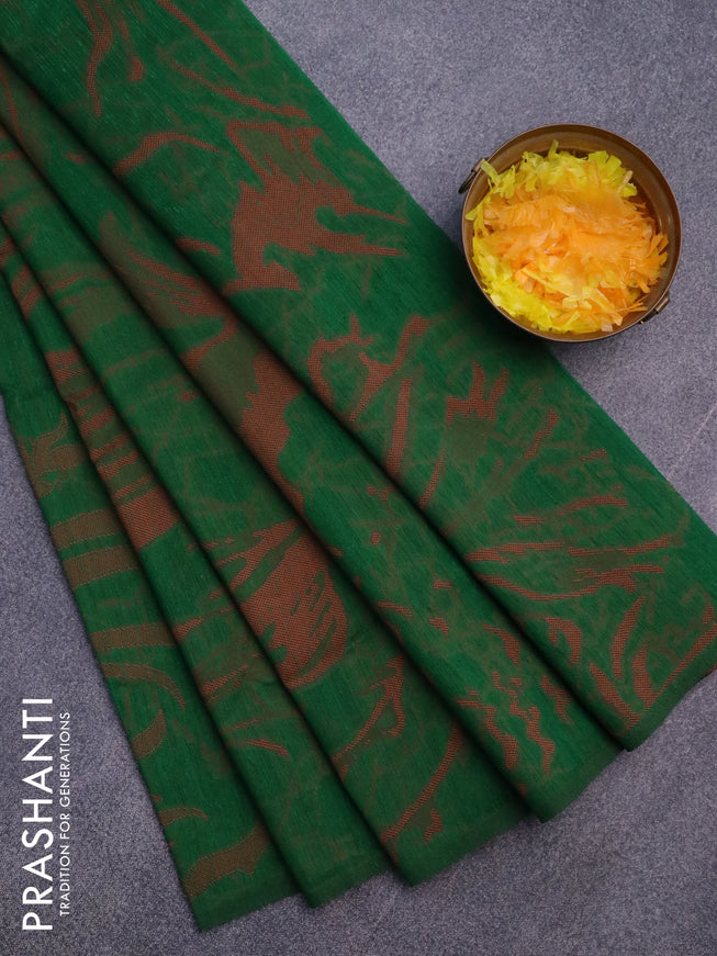 Banarasi semi matka silk saree green and brown with allover thread weaves in borderless style