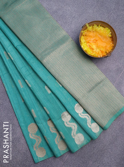 Banarasi semi matka silk saree teal green shade with zari woven buttas and zari woven border