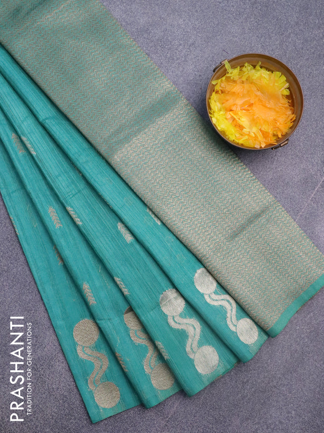 Banarasi semi matka silk saree teal green shade with zari woven buttas and zari woven border