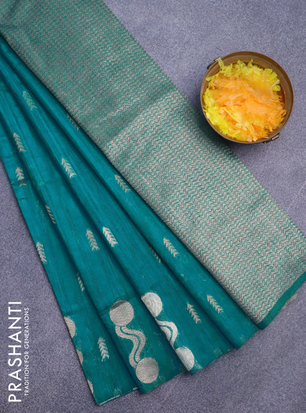 Banarasi semi matka silk saree teal blue with zari woven buttas and zari woven border