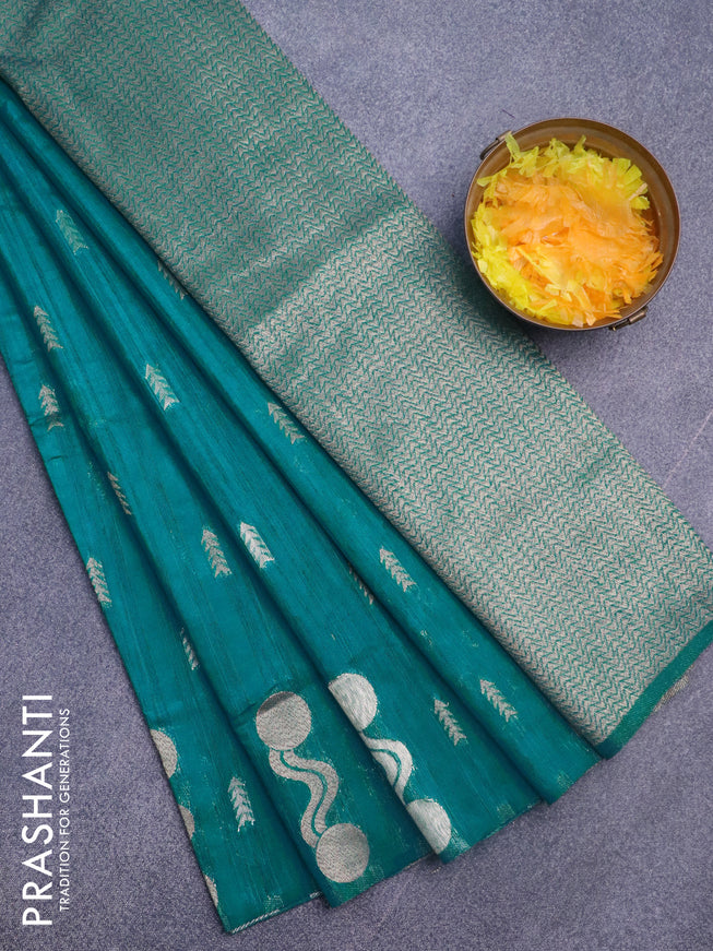 Banarasi semi matka silk saree teal blue with zari woven buttas and zari woven border