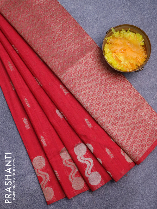 Banarasi semi matka silk saree red with zari woven buttas and zari woven border