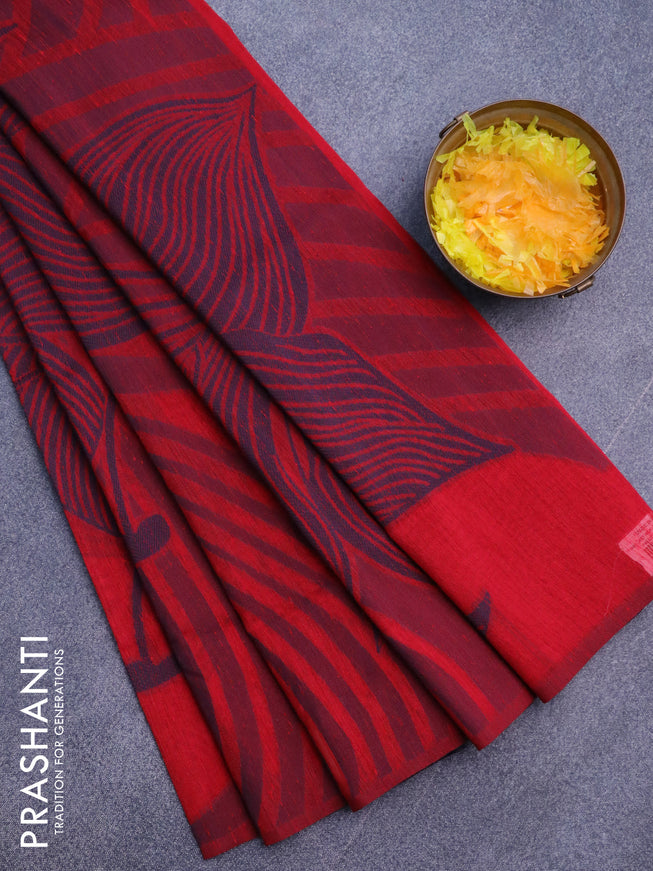 Banarasi semi matka silk saree red and dark blue with allover thread weaves in borderless style