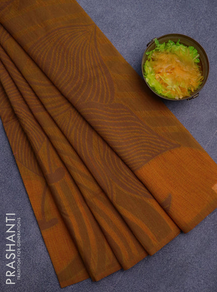 Banarasi semi matka silk saree mustard yellow and brown with allover thread weaves in borderless style