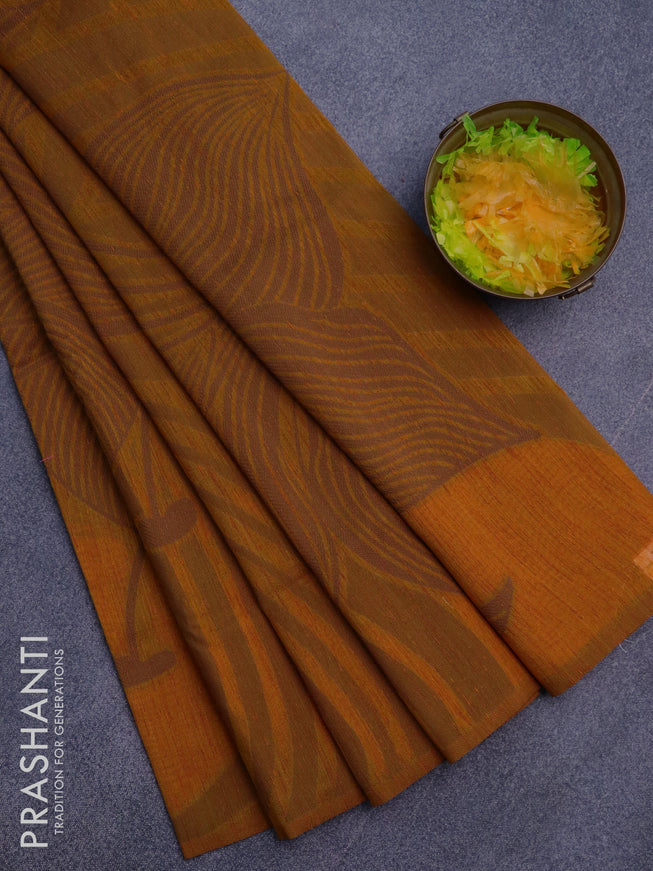 Banarasi semi matka silk saree mustard yellow and brown with allover thread weaves in borderless style