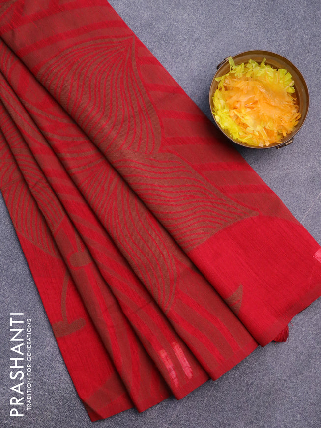 Banarasi semi matka silk saree red and brown with allover thread weaves in borderless style