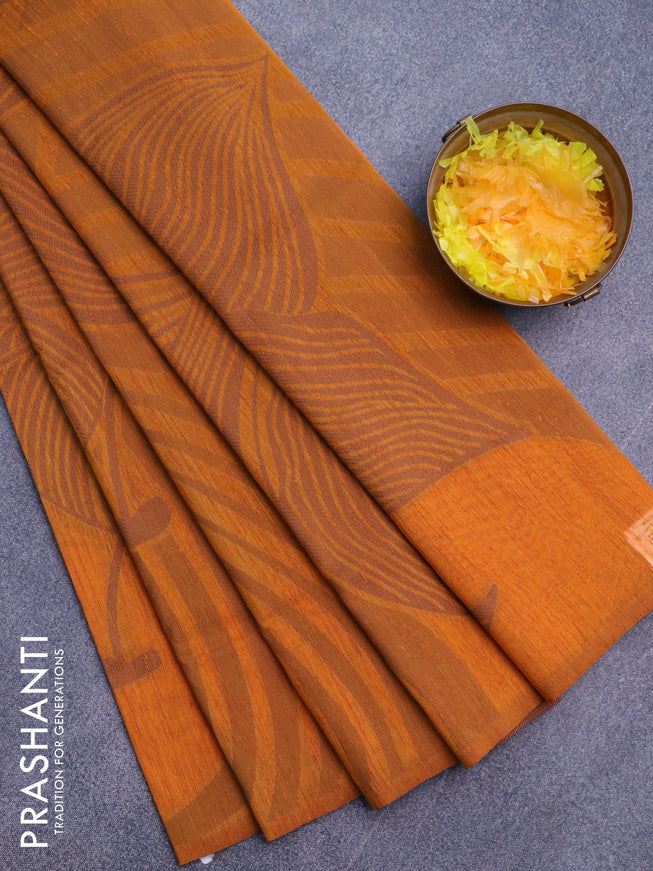 Banarasi semi matka silk saree mustard yellow and brown with allover thread weaves in borderless style