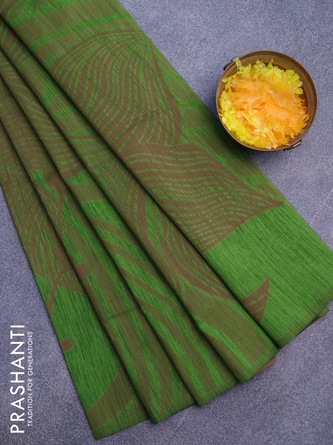 Banarasi semi matka silk saree light green and brown with allover thread weaves in borderless style