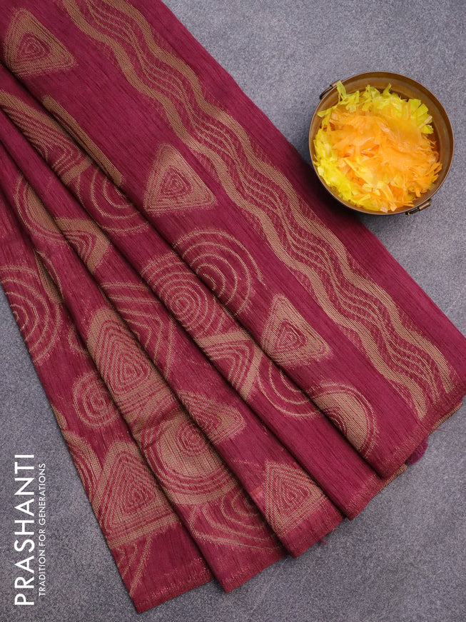 Banarasi semi matka silk saree wine shade with zari weaves in borderless style