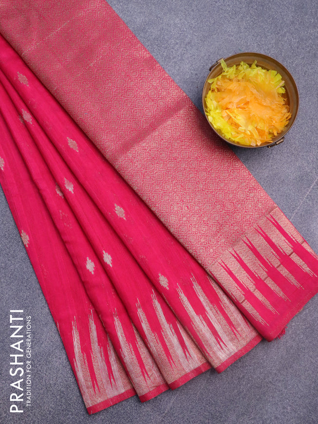 Banarasi semi matka silk saree pink with zari woven buttas and temple design zari woven border