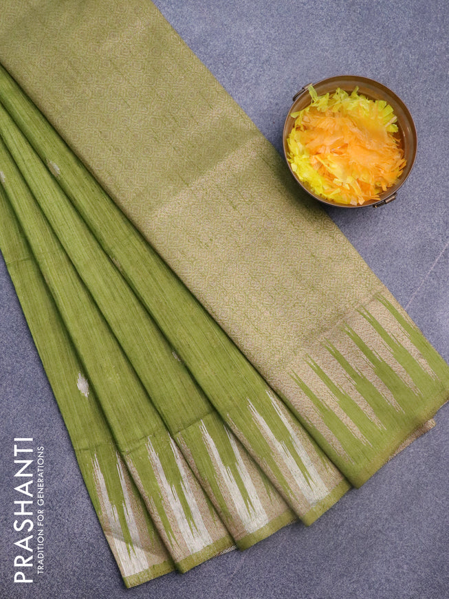 Banarasi semi matka silk saree lime green with zari woven buttas and temple design zari woven border