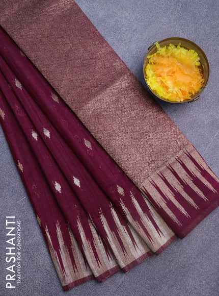 Banarasi semi matka silk saree wine shade with zari woven buttas and temple design zari woven border