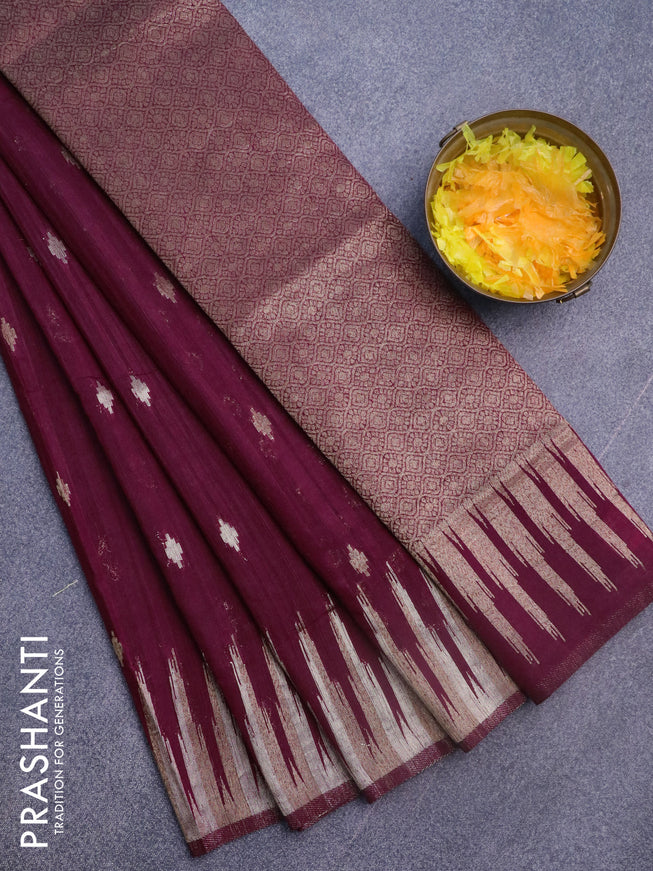 Banarasi semi matka silk saree wine shade with zari woven buttas and temple design zari woven border