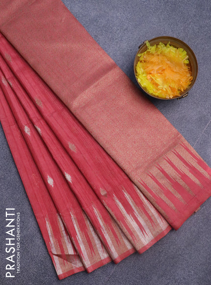 Banarasi semi matka silk saree rust shade with zari woven buttas and temple design zari woven border