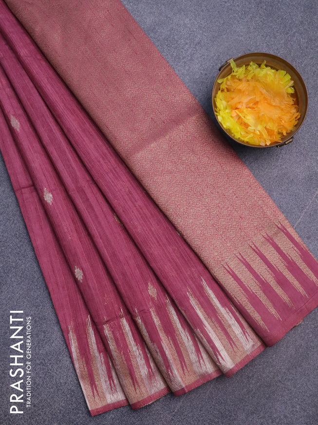 Banarasi semi matka silk saree onion pink with zari woven buttas and temple design zari woven border