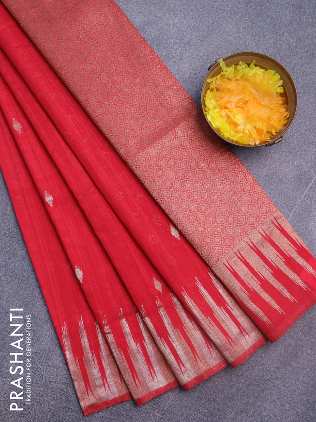 Banarasi semi matka silk saree red with zari woven buttas and temple design zari woven border