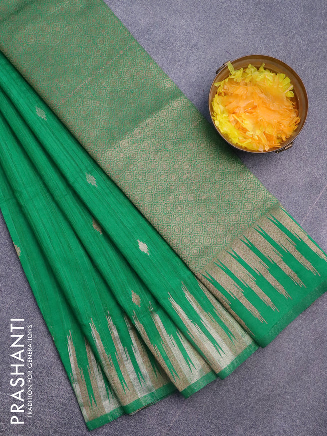 Banarasi semi matka silk saree green with zari woven buttas and temple design zari woven border