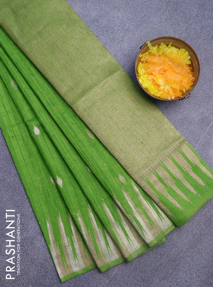 Banarasi semi matka silk saree lime green with zari woven buttas and temple design zari woven border