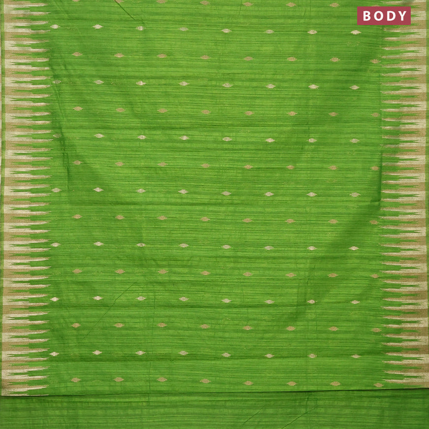 Banarasi semi matka silk saree lime green with zari woven buttas and temple design zari woven border