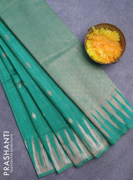 Banarasi semi matka silk saree teal green shade with zari woven buttas and temple design zari woven border