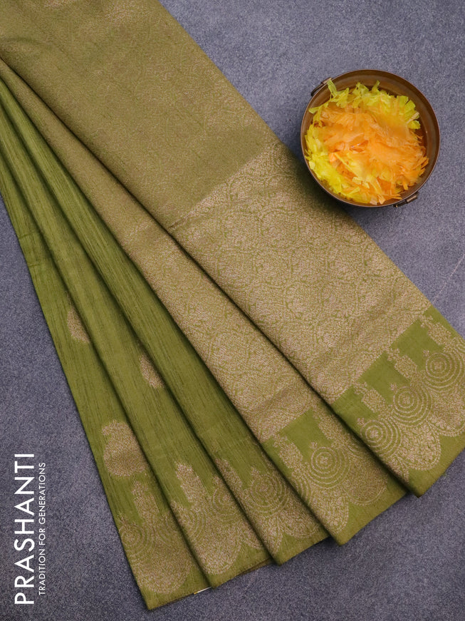 Banarasi semi matka silk saree mehendi green with zari woven buttas and zari woven border